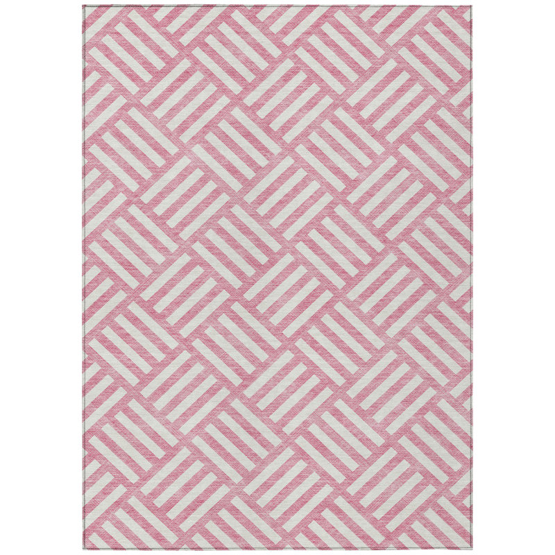 Tapis extérieur lavable à motif géométrique rose et ivoire 10 pi x 14 pi