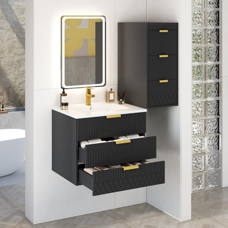 Meuble-lavabo mural de qualité supérieure avec rangement, Noir