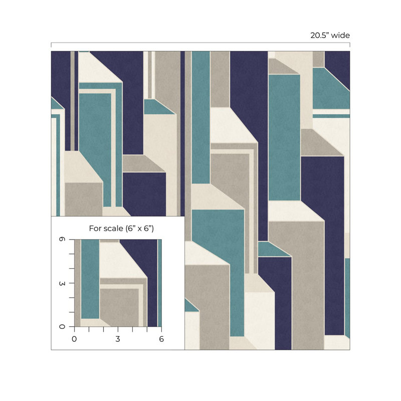 Rouleau de papier peint géométrique L 33 po x l 25,2 po Bunice Latte & Graphite, Vert / indigo / crème