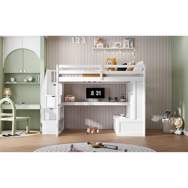 Lit mezzanine blanc avec bureau, tablettes, deux tiroirs et escalier de rangement polyvalent pleine grandeur