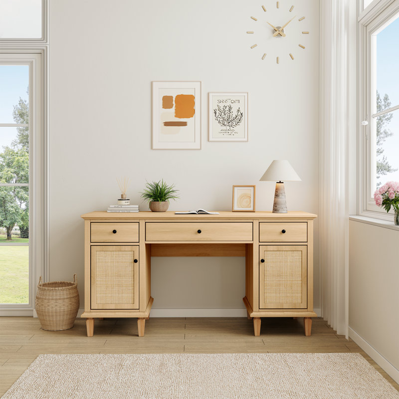 Boho Natural Rattan 58" Modern Executive Desk, Yellow Wood