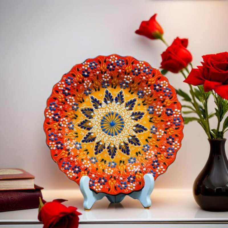 Plaque de céramique décorative peinte à la main - motif floral traditionnel, plaque de présentation multicolore pour mur ou table, décoration artisanale