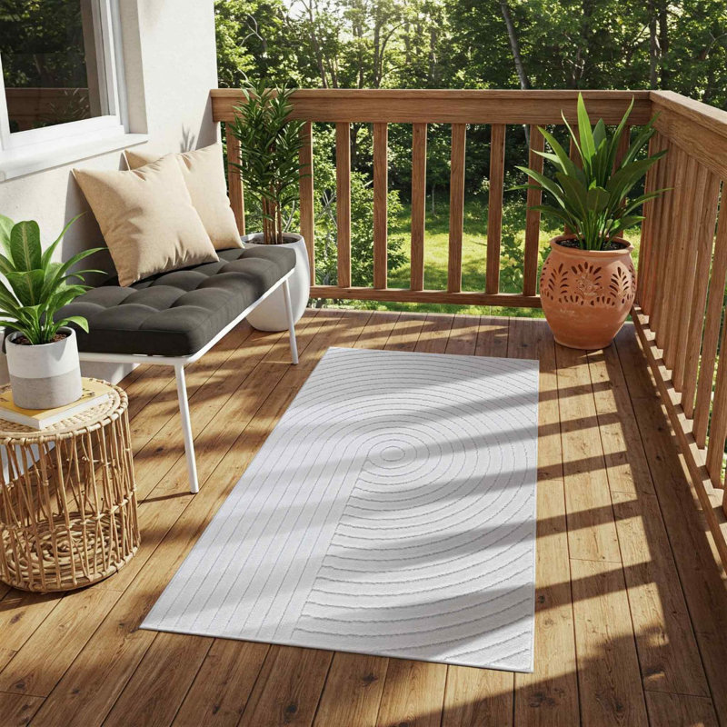 Whisper White Modern Shaggy Outdoor Rug, Geometric Easy to Clean Rug For Patio, Balcony, Decks, Rectangle 80 x 150 cm