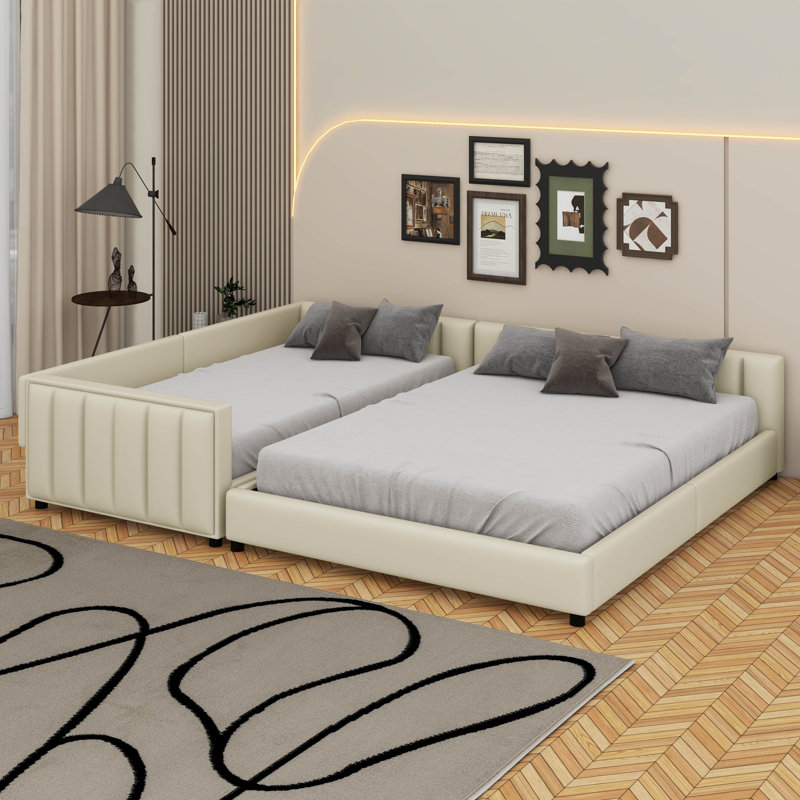Queen Size & Twin XL Size Upholstered Platform Bed, Beige