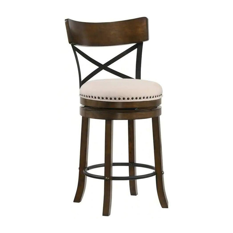 Hesser Swivel Upholstered Counter Stool with Solid Wood Frame, Counter Stool (26.5” Seat Height), Biege/Live Edge Oak