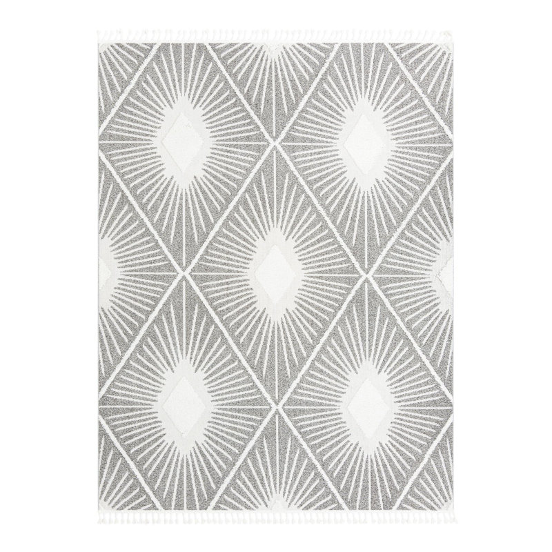 Tapis gris / ivoire en polyester tissé à la machine Jojean, Rectangle 10 pi x 14 pi 1 po