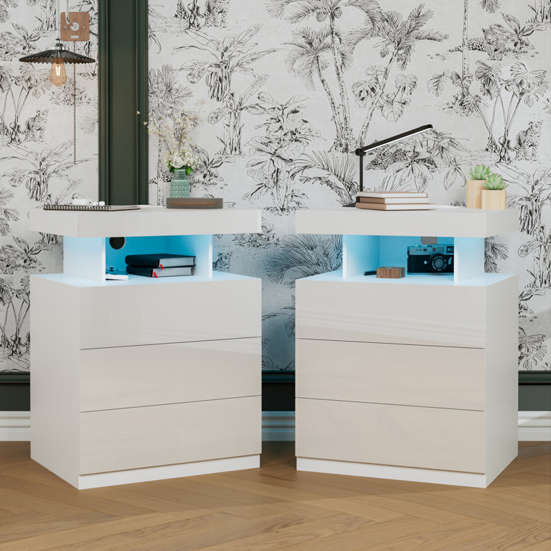 Gebelein Manufactured Wood Nightstand with Wireless Charging Station and LED Lights, White
