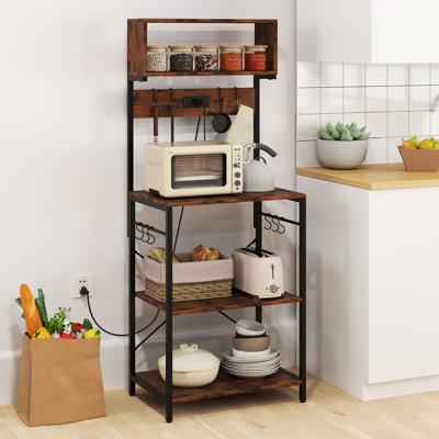 Bakers Rack w/Power Outlet, Kitchen Microwave Stand w/Hooks, Tall Kitchen Storage Shelf