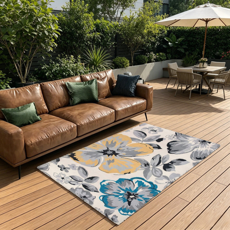 Vintage Watercolor Floral Rug, 5 x 7 Ft for Outdoor Balcony & Dining Room, Yellow Blue