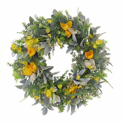 Couronne de tulipe jaune 17,7 pouces, couronne de printemps et d'été, convient à l'extérieur de la porte d'entrée, convient aux portes extérieures extérieures et à la décoration intérieure de mariage et de fenêtre