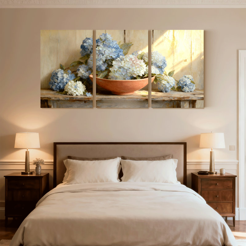 Ensemble de 3 impressions sur toile hydrangées fleurs en terre cuite bol, H 18 po x l 36 po