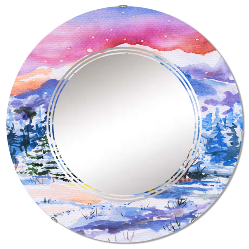 Petite maison enneigée dans un paysage d'hiver - Miroir mural rond, 32 po x 32 po