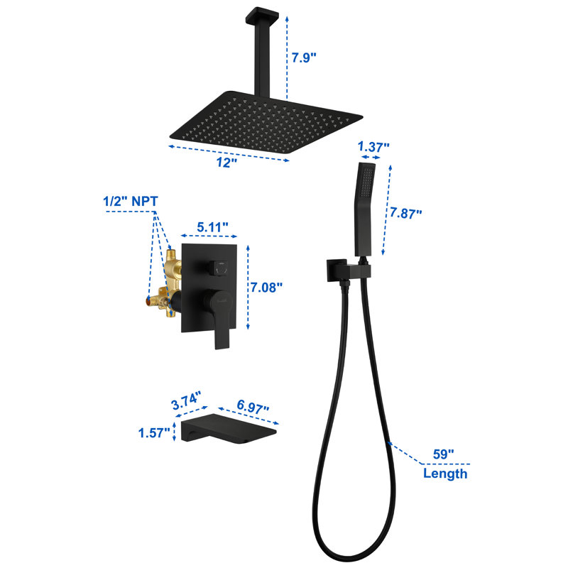 Robinet de douche avec valve brute, Noir