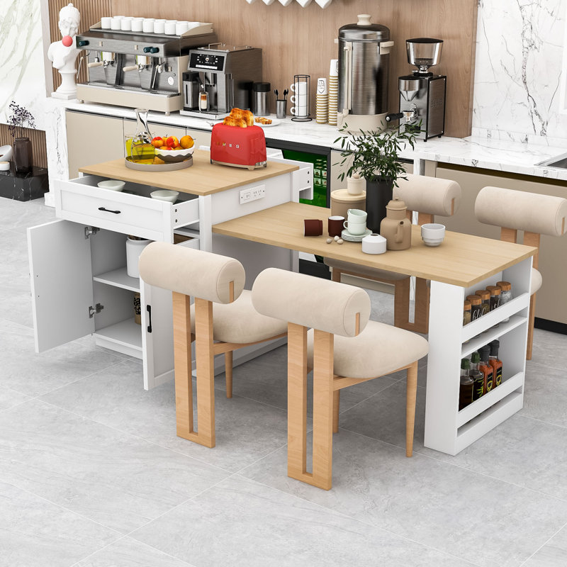 Elegant Multi-functional Kitchen Island with Extendable Dining Table, Dual Storage, and Power Outlets, White