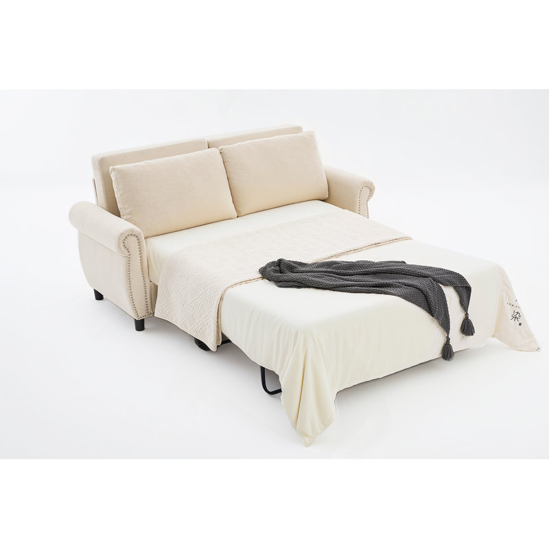 Canapé-lit moderne, lin beige, bois et métal, compact pour la maison, H 35 po x l 74 po x P 85 po, Oui, Beige