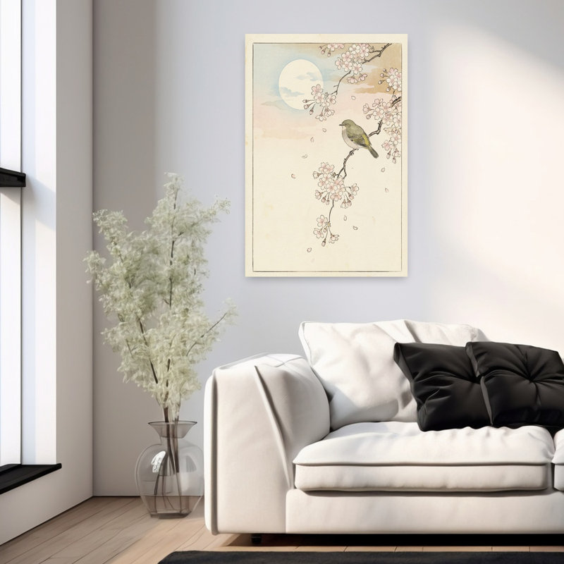 Printemps, lune, oiseau, fleurs, délicat, paisible, oiseau cerise, nature, printemps, art mural, H 36 po x l 24 po
