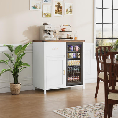 Coffee Bar Cabinet Mini Fridge Space & Drawer, Wine Stand Warm Brown Top, Beverage Organizer for Kitchen & Office, White