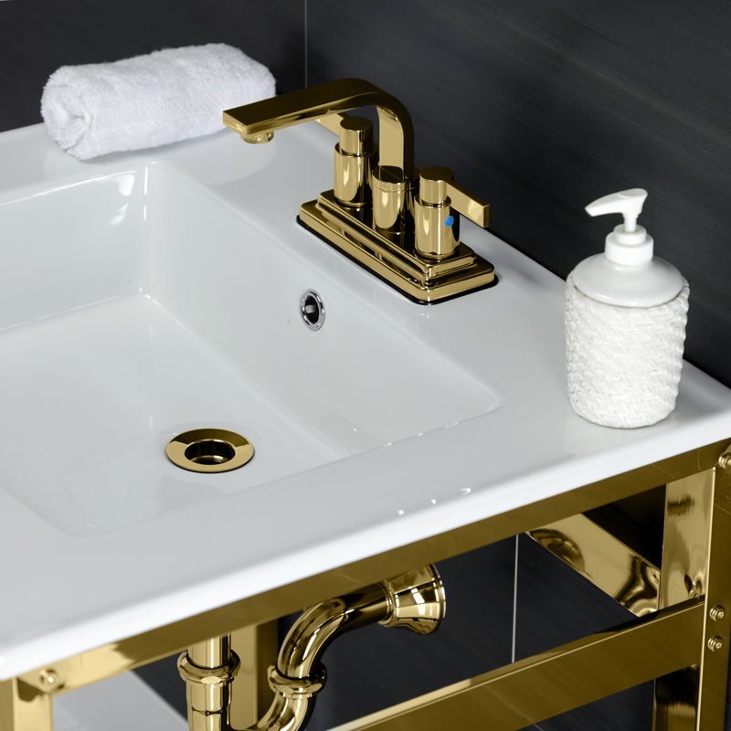 Lavabo de salle de bain console en céramique avec trop-plein, Blanc / laiton poli, 4" Centres