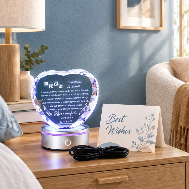 Mark a 2026 wedding anniversary with this Christian marriage-prayer crystal heart night lamp and glass plaque, intended for brides and grooms, newlywed couples, Mr. & Mrs., husbands and wives, engagements, or bridal showers.