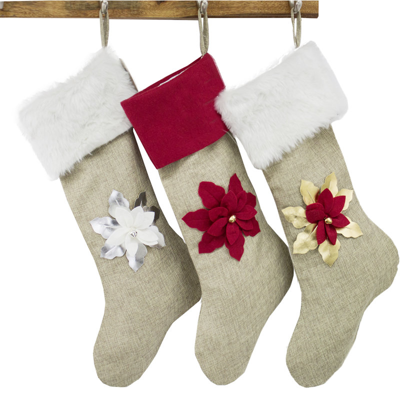 Chaussette de Noël 3D poinsettia, Naturel / blanc / argent