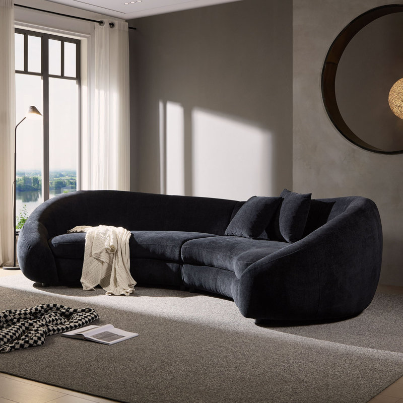 126" Upholstered Curved Sofa, Black Boucle