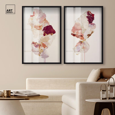 Burgundy Flow Set Shadowbox Print Boho Gold Wall Decor Set by Art Remedy, Black Frame, 10 x 15