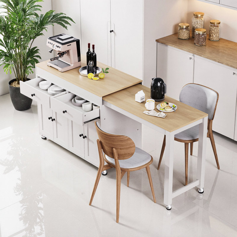 74.5" Grey Kitchen Island with Expandable Table | 7 Wheels, Spice Rack & 4-Door Storage, Off White