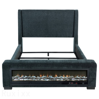 Sebastian Dark Blue  Upholstered Eastern King Audio Flame Visualizer Bed