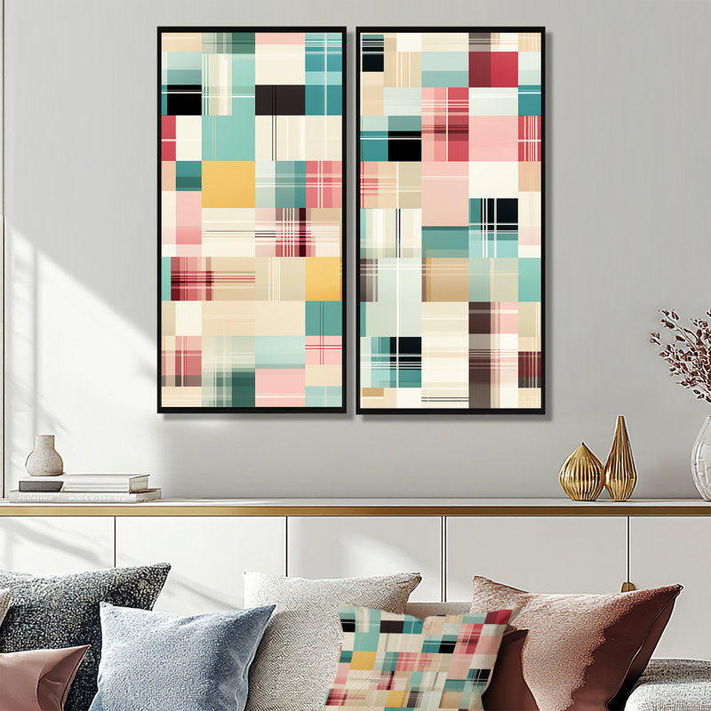 Motif rétro à carreaux pastel 2 pièces, H 40 po x l 40 po, Impression encadrée flottante, Noir