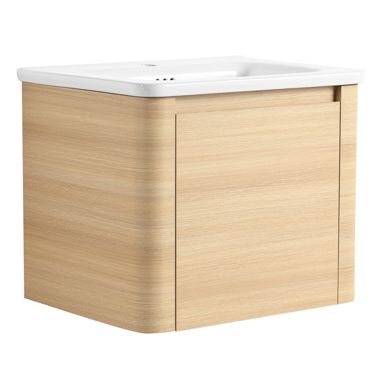 Meuble-lavabo de 24 po avec lavabo en céramique blanche, porte simple à fermeture en douceur, garniture en kd, contreplaqué, chêne américain - Design contemporain, salle de bain paisible, fonctionnement en douceur, meuble-lavabo avec rangement, silen