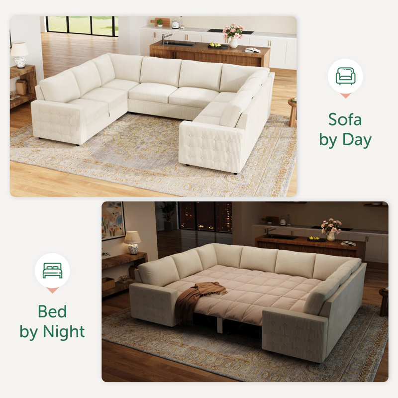 Rundey U-shaped Sleeper Sectional Corduroy Sofa Bed With Storage Space, Beige Corduroy 