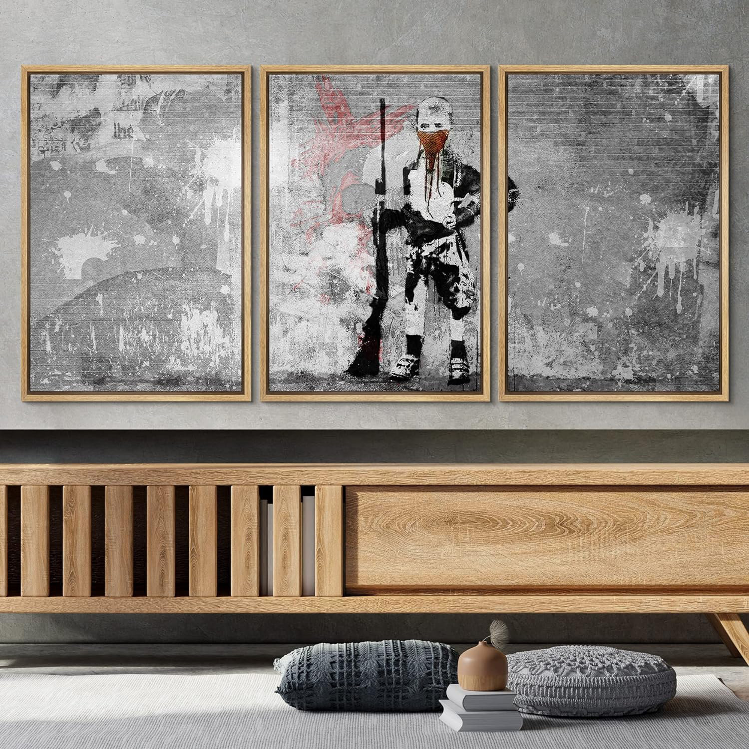 Spray Paint Banksy Soldier Sniper Graffiti & Street Art Comic Book Modern Art Urban Portrait 3 Pieces IDEA4WALL Format: Natural Floater Framed, Size