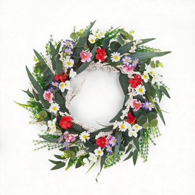 20" Wildflower Wreath Spring Summer Wreaths for Front Door, Artificial Colorful Floral Wreath with Eucalyptus Leaves and Daisy for Farmhouse Home Wall Window Wedding Decor