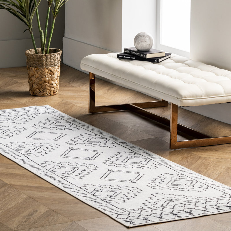 Oscar Geometric Machine Washable Area Rug for Living Room Bedroom Dining Room Kitchen, White/Charcoal, Runner 2'6" x 12'