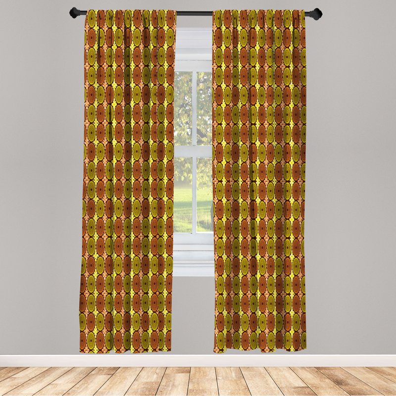 Abstract Curtains, Intricate Circles Blots, Pair of 28", Yellow Dark Orange, 28" W x 63" L