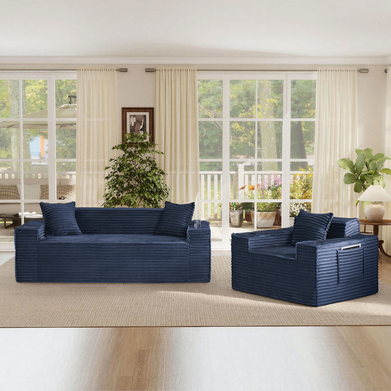2-Piece Modern Compression Living Room Set With Armchair And Sofa, Blue