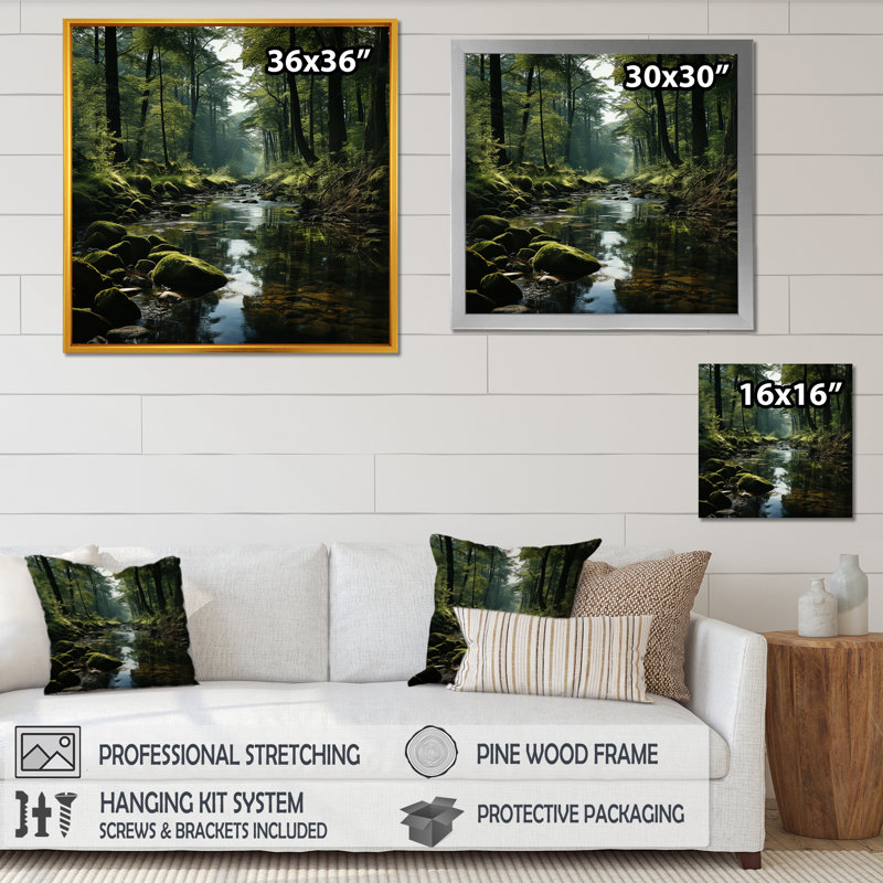 Rivière, forêt, trésor caché, paysage IV, H 16 po x l 16 po x P 1 po, Cadre simple argenté