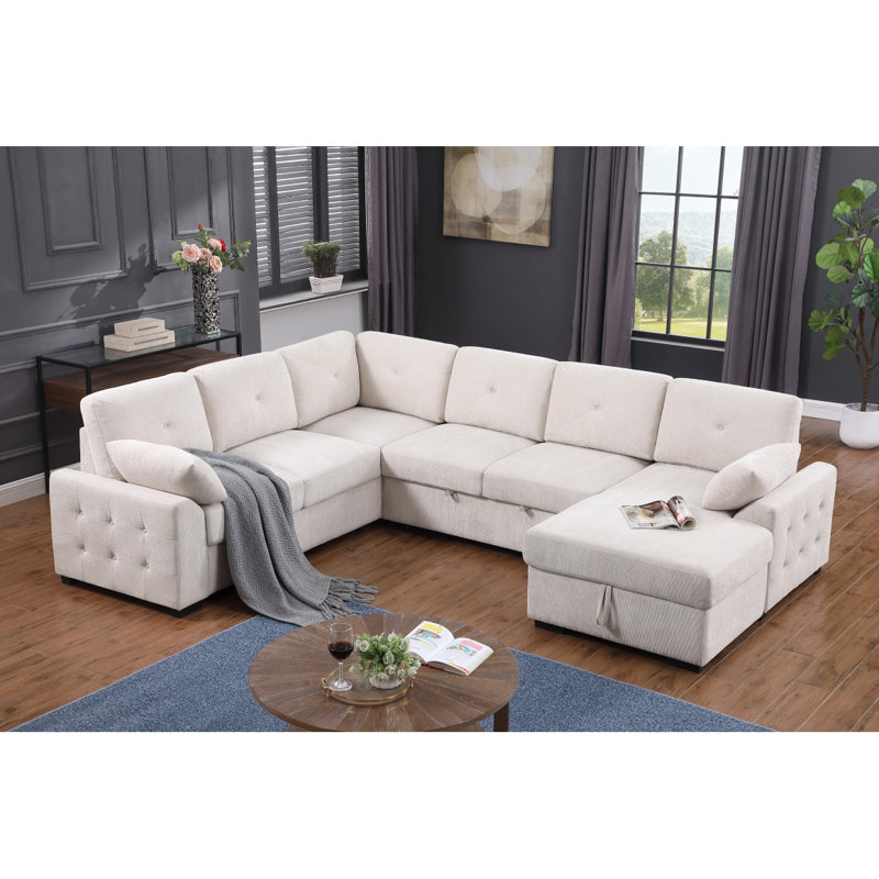 Canapé d'angle multi-fonctionnel en forme de L avec rangement et lit convertible, Beige
