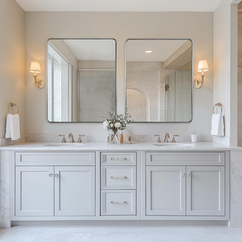 Contemporary Rounded Rectangular Bathroom Vanity Mirror| Aluminum U-Tube Frame, Brushed Nickel, 36" x 30"