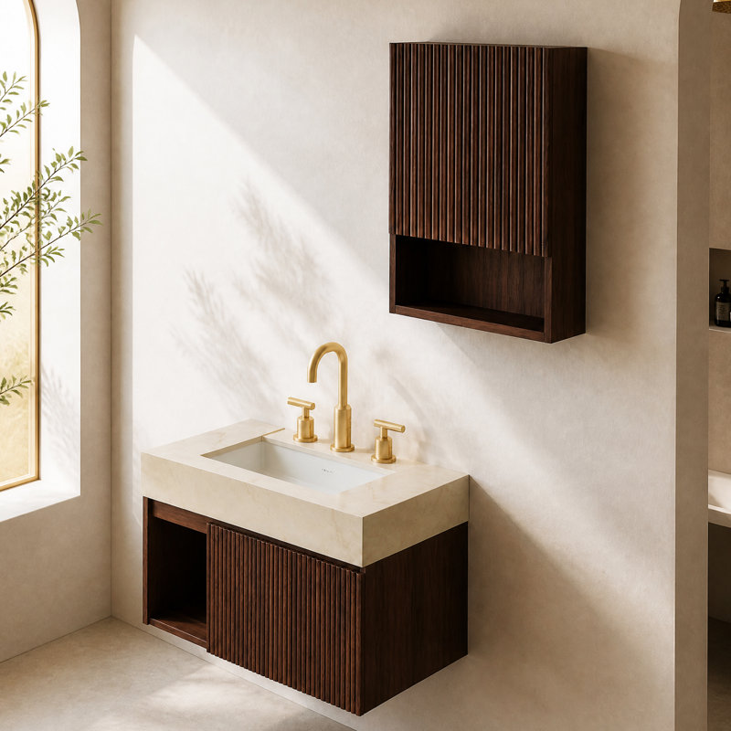 Ensemble meuble-lavabo suspendu et armoire de rangement murale de style moderne du milieu du siècle, avec plateau en pierre frittée et portes à fermeture douce.
