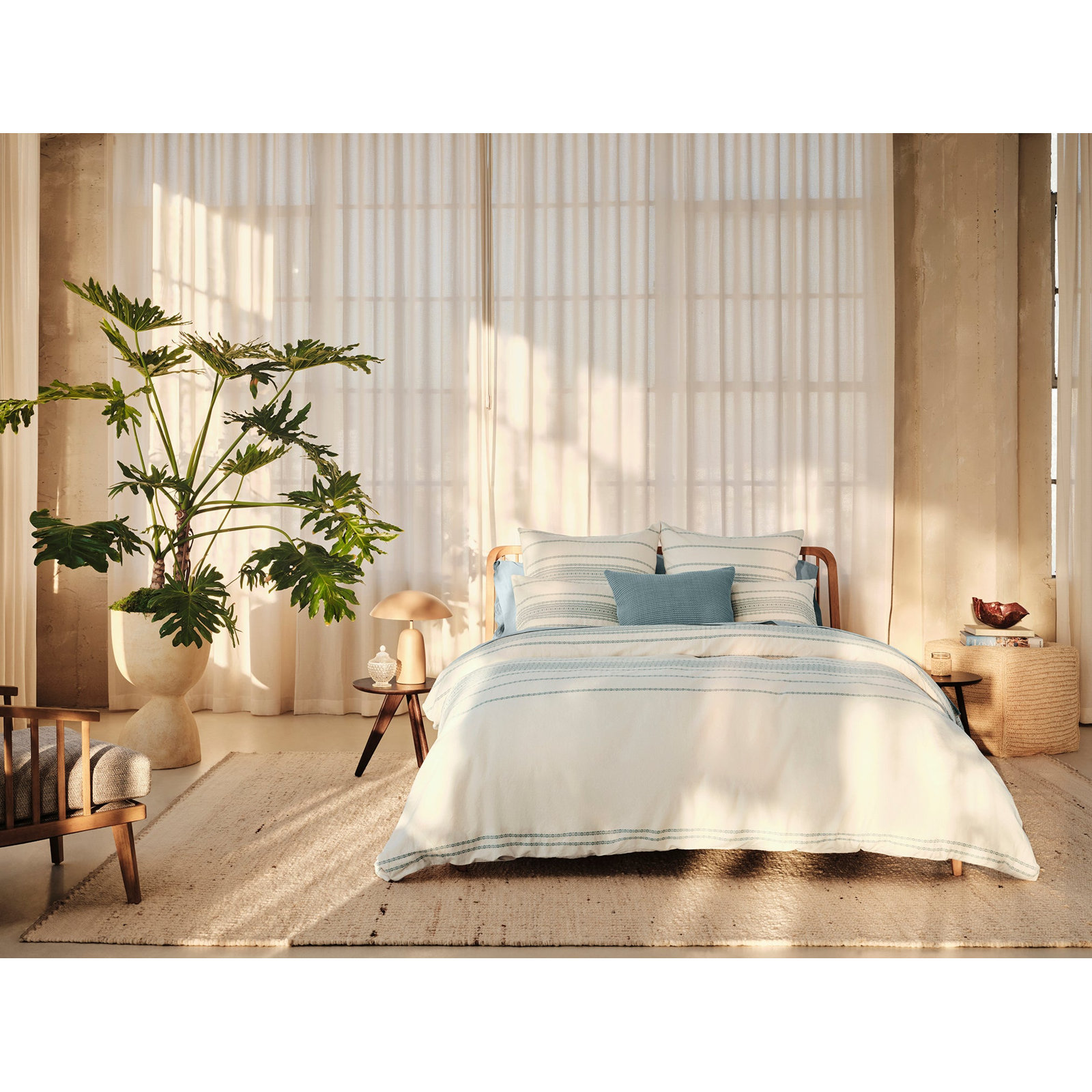 Rippled Stripe Organic Cotton Duvet Cover, Full/Queen Duvet Cover, Undyed/Surf
