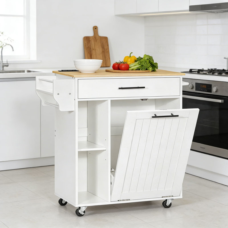 Îlot de cuisine avec rangement pour poubelle et prise de courant, chariot de cuisine mobile à roulettes avec armoire basculante cachée, support à épices et roues verrouillables pour un rangement et une mobilité accrus