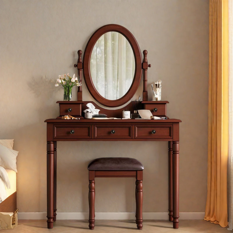Bureau de coiffeuse avec miroir à angle réglable, tabouret rembourré et 5 tiroirs, Noyer
