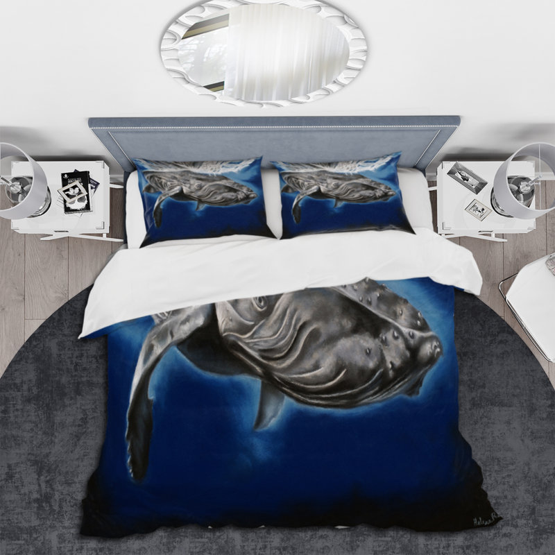 Portrait d'une baleine à bosse - Ensemble de housse de couette nautique et côtier - Polyester en microfibre