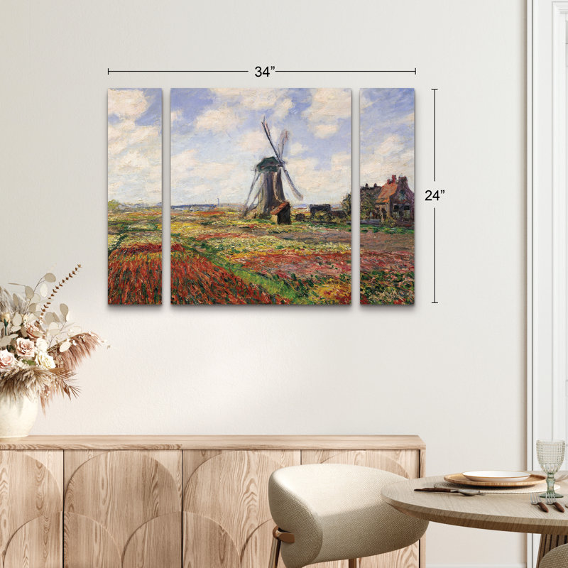 Ensemble de 3 panneaux - Claude Monet «Tulip Fields in Holland, 1886», art mural sur toile pour le salon, la chambre à coucher ou le bureau 