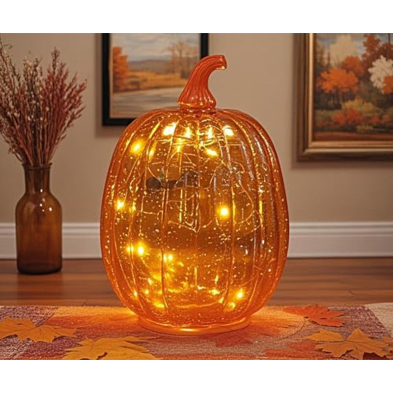Décorations d'automne pour la maison, lumière de citrouille en verre craquelé avec minuterie, lampe de citrouille à DEL à pile, veilleuses en verre illuminées, idéal pour Halloween, décor rustique de l'Action de grâce, décoration de Noël