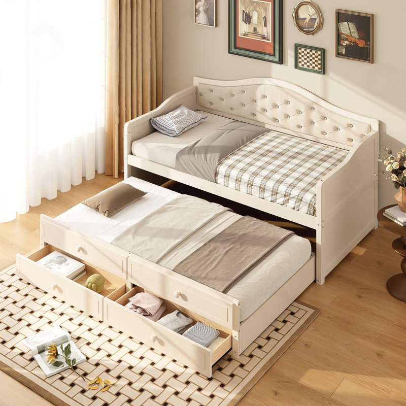 Twin Daybed with Trundle and 2 Storage Drawers, Beige