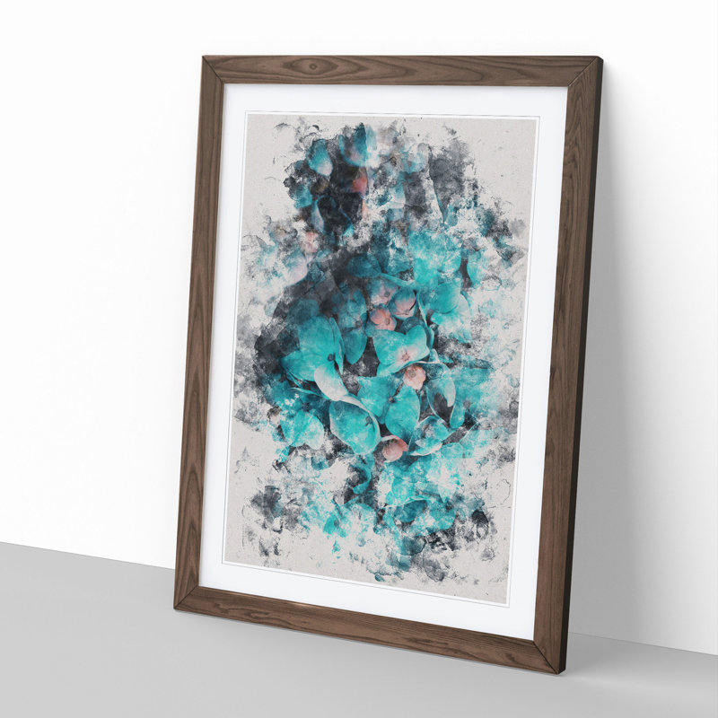 Teal Blue Hydrangeas - Picture Frame Painting, Walnut Framed, 36cm H x 27cm W x 2cm D