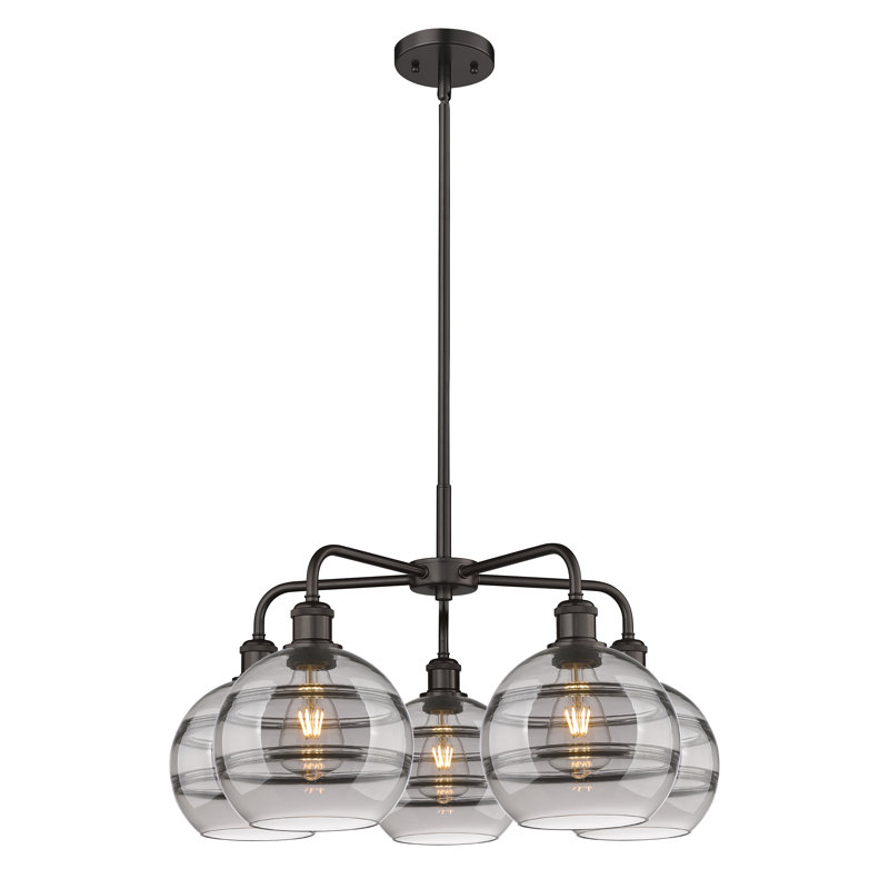 Lustre rond / ovale à abat-jour 5 lumières, H 15,38 po x l 26 po x P 26 po, Gris fumée clair, Bronze huilé
