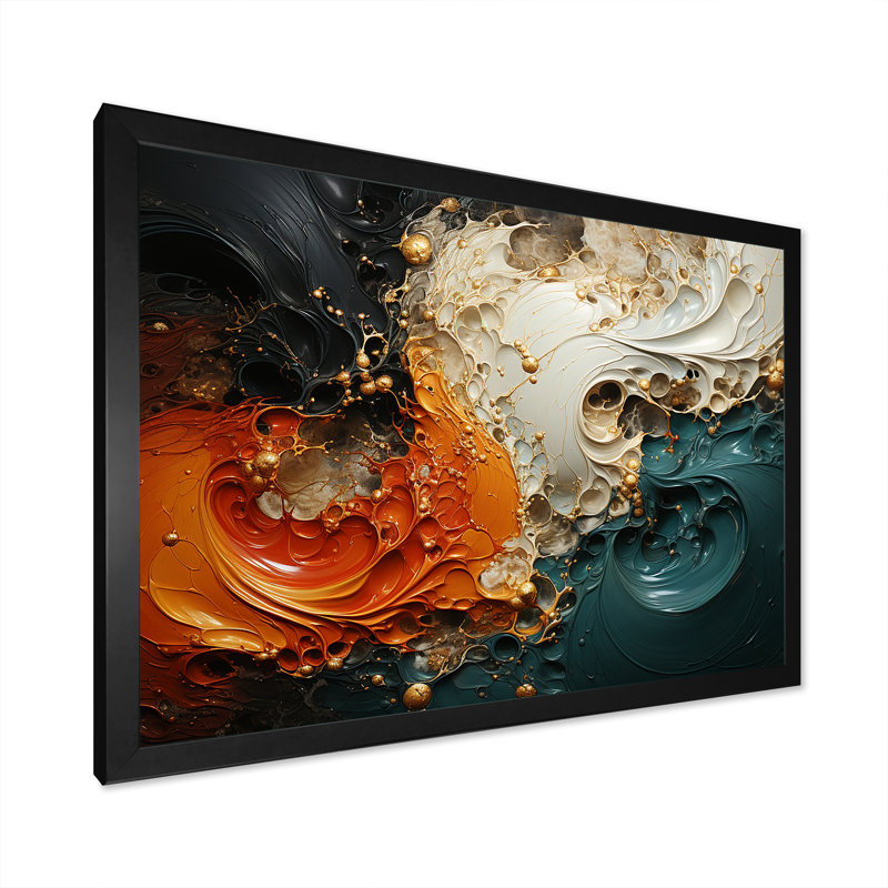 Orange et émeraude marbre lave V - art mural abstrait, Cadre d'angle fermé noir, H 16 po x l 32 po x P 1 po